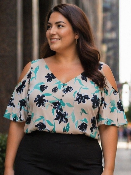 c&e lifestyles Tops - C & E Lifestyle, Sz XL, Cold-Shoulder Floral V-Neck Top in Beige and Teal.